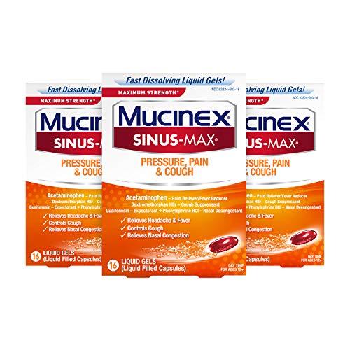 Mucinex Sinus-Max Maximum Strength Pressure, Pain & Cough, Sinus Symptom Relief, Pain Reliever, Cough Suppressant, Expectorant and Nasal Decongestant, 16 Liquid Gels (Pack of 3)
