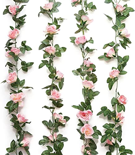 Yebazy 2PCS(16FT) Fake Rose Vine Garland Artificial Flowers Plants for Hotel Wedding Home Party Garden Craft Art Decor (Pink)