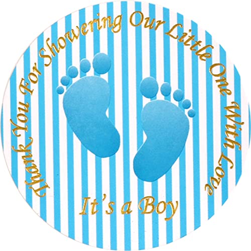 AIXIANG 360 Pcs Baby Shower Stickers 2 Inch Round Blue Stripe Cutest Footprint Gold Stamping Thank You Stickers Boys for Baby Shower Favors Decorations