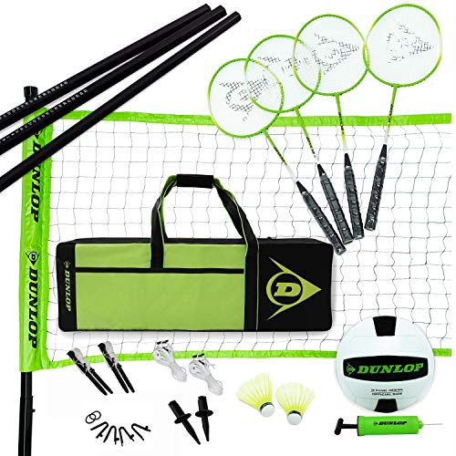 DUNLOP Outdoor Volleyball Badminton Lawn Game: 11-Piece Outdoor Backyard Party Set with Carrying Case, Black/Green