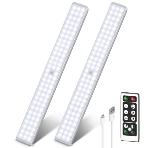 Lightbiz LED Closet Light, 86-LED Dimmer Rechargeable 2400mAh Battery Motion Sensor Under Cabinet Light Wireless Stick-Anywhere Night Safe Light Bar with Remote for Stairs,Wardrobe,Kitchen (2 Pack)