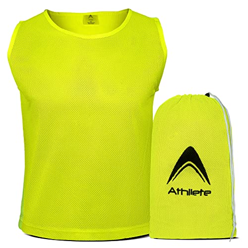 Athllete DURAMESH Set of 12 – Youth Scrimmage Vests/Pinnies/Team Practice Jerseys with Free Carry Bag (Neon Yellow, Medium)
