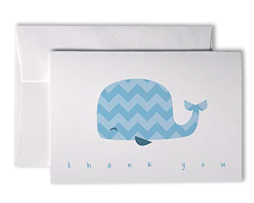 Colorful Chevron Whales Baby Thank You Note Cards – 48 Cards & Envelopes (Blue)