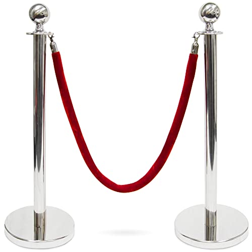 3-ft. Polished Ball Top Stanchions with 4.5 ft Red Velvet Rope | Heavy Duty |Easy to Assemble | Perfect for Events & Parties | Silver Pack of 1 Set