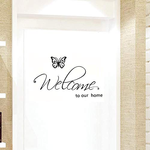 BIBITIME Flying Black Butterfly Saying Welcome to Our Home Front Door Sign Decal Vinyl Letters Quotes Stickers for Living Room Porch Garden,DIY 27.95″ x 10.23″