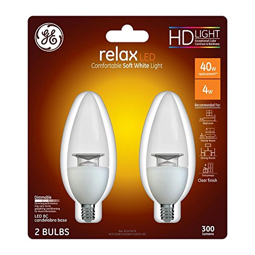 GE 40W Equivalent Soft White (2700K) High Definition B11 Blunt Tip Clear Candelabra Base Dimmable LED Light Bulb (2-Pack)
