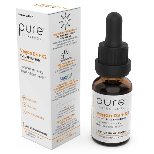 Pure Therapro Rx Vegan D3 + K2 Organic Full Spectrum Liquid for Maximum Absorption, Vitamin D3 and Vitamin K2 Supplements for Men and Women, D3 Vitamin 5000 IU, Liquid Vitamin D3 with K2-0.5 FL Oz