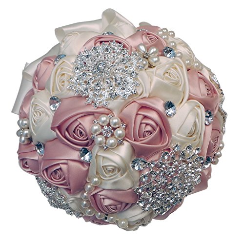 Abbie Home 8 Inches Bride Wedding Bouquet – Satin Roses with Pearls Rhinestone Brooches Accessories (Blush Pink & Creamy White)