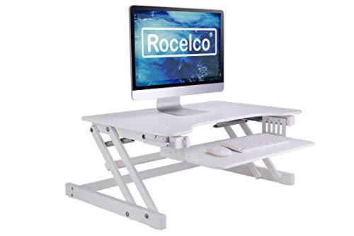 Rocelco 32″ Height Adjustable Standing Desk Converter – Quick Sit Stand Up Dual Monitor Riser – Gas Spring Assist Tabletop Computer Workstation – Large Retractable Keyboard Tray – White (R ADRW)