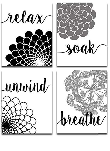 Bathroom Wall Art Four Black & White Bathroom Pictures for Wall (8×10) NO FRAMES Bath Flowers Art Unframed Prints ONLY – Great Restroom Decor Pictures and Minimalist Black and White Bathroom Accessory