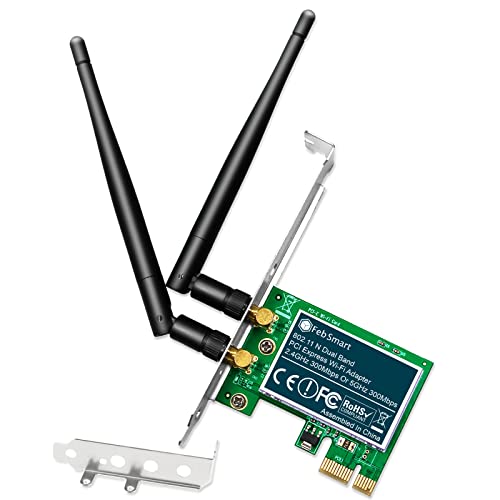 FebSmart Wireless N Dual Band 600Mbps (2.4GHz 300Mbps or 5GHz 300Mbps) PCIE WiFi Adapter for Windows 11, 10, 8.x, 7, XP (32/64bit) and Windows Server Desktop PCs, 2X2 MIMO PCIE WiFi Card (FS-N600)