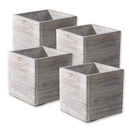Wood Planter Box Set, Rustic Whitewash, Plastic Liners, 5 Inch Square Flower Holder, Natural Barn Wood Decor, Country Style, Home and Wedding Decorations, Garden Ornaments, (Beige Brown) (Set of 4)