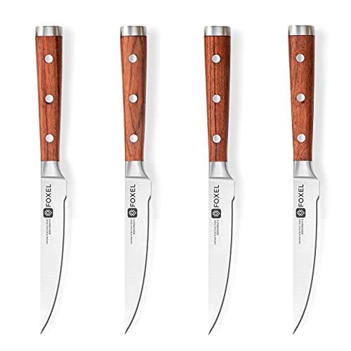 FOXEL Steak Knives Knife Set of 4, 8, or 12 – Non Serrated Straight Edge Blade w/Weighted Full Tang Sandal Wood Handle – Japanese VG10 Stainless Steel Steak Knife Gift Box – Hand Wash Only