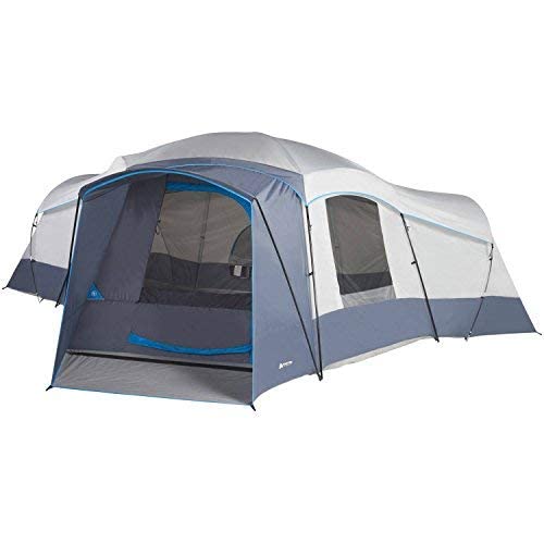 Spacious Family Sized 16-Person Weather Resistant Ozark Trail 23.5′ x 18.5′ Cabin Camping Tent, Gray and Blue