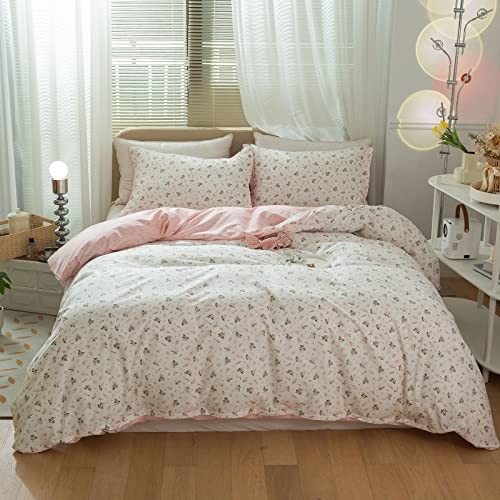 AMWAN Girl Floral Duvet Cover Queen Size Pink White Floral Bedding Sets Chic Flower Branch Print Comforter Cover Garden Style Cotton Flower Duvet Cover for Teen Women Floral Aesthetic Bedding Set