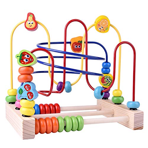 FUN LITTLE TOYS Wooden Baby Beads Maze Toys, Toddlers Roller Coaster Game Cubes, Educational Around Circle Bead Skill Improvement Wood Toy, Sliding Beads On Twists Wire, Boys Girls