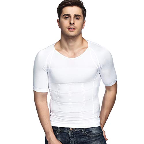 Odoland Men’s Body Shaper Slimming Shirt Tummy Vest Thermal Compression Base Layer Slim Muscle Short Sleeve Shapewear, White XL