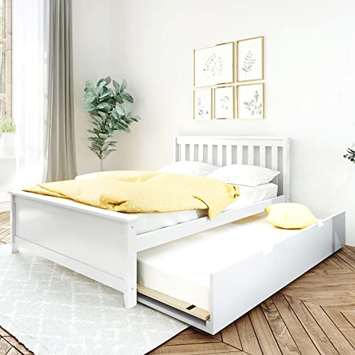 Max & Lily Full Bed, Wood Bed Frame with Headboard For Kids with Trundle, Slatted, White