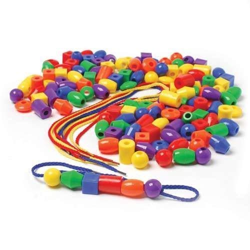 Constructive Playthings 250 pc. Set Colorful Giant Plastic Stringing Beads and 6 Tipped 20″ L. Lacing Cords in Storage Tub for Ages 3 Years and Up