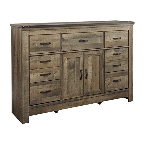 Signature Design by Ashley Trinell Rustic 7 Drawer Dresser with Cabinet Door & Fireplace Option, Warm Brown