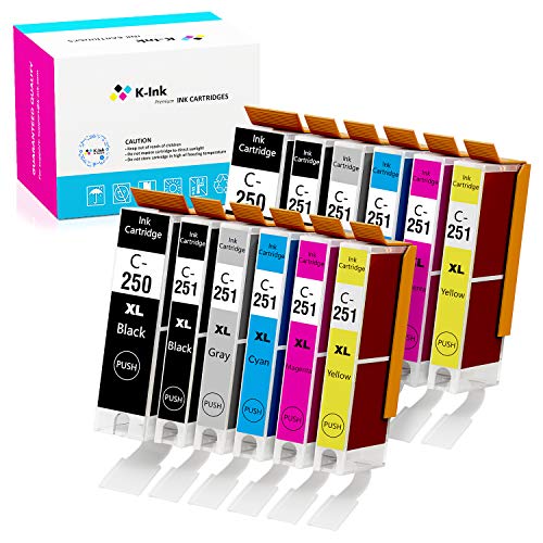 K-Ink Compatible Printer Ink Cartridge Replacement for Canon PGI-250 CLI-251 PGI 250 CLI 251 XL (12 Pack – 2 Large Black, 2 Small Black, 2 Cyan, 2 Yellow, 2 Magenta, 2 Gray)