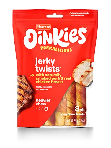 Hartz Oinkies Porkalicious Smoked Pig Skin Chicken Jerky Twists Dog Treats, 8 Count