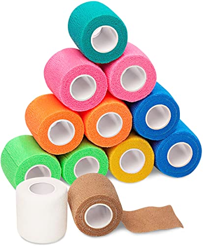 Self Adhesive Bandage Wrap – 2 inch by 5 yards Self Adhering Non Woven Cohesive Bandage Rolls (12 Pack) – Stretch Wrap – Multi Colored Neon Athletic Tape for Wrist – Medical Tape Waterproof – Vet Wrap