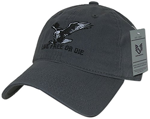Rapiddominance Relaxed Graphic Cap with Live Free or Die, Dark Grey