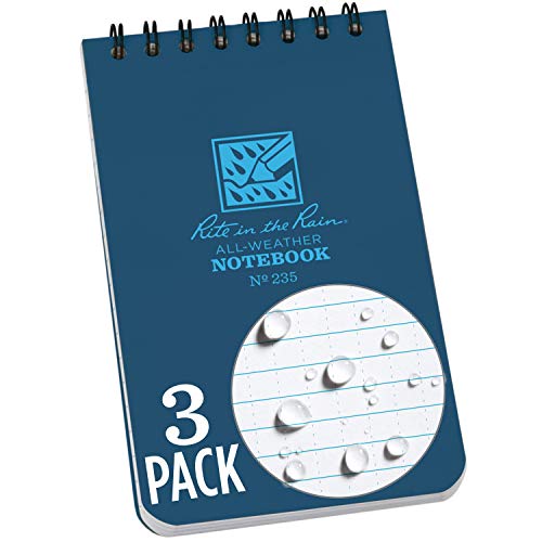 Rite in the Rain Weatherproof Top-Spiral Notebook, 3″ x 5″, Blue Cover, Universal Pattern, 3 Pack (No. 235-3)