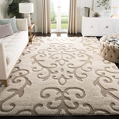 SAFAVIEH Florida Shag Collection 8′ x 10′ Cream/Beige SG470 Scroll Non-Shedding Living Room Bedroom Dining Room Entryway Plush 1.2-inch Thick Area Rug