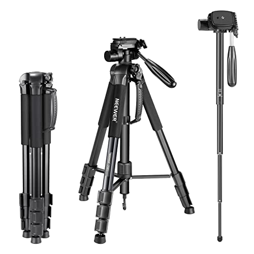NEEWER Portable Aluminum Alloy Camera 2 in 1 Tripod Monopod Max. 70″/177cm with 3 Way Swivel Pan Head and Carrying Bag for DSLR, DV Video Camcorder (SAB264, Black)
