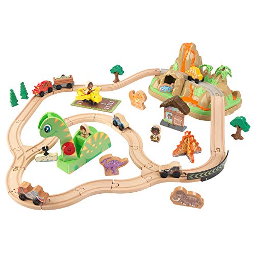 KidKraft Dinosaur Bucket Top Portable Wooden Train Set with 56 Pieces and 9 Feet of Track, Gift for Ages 3+