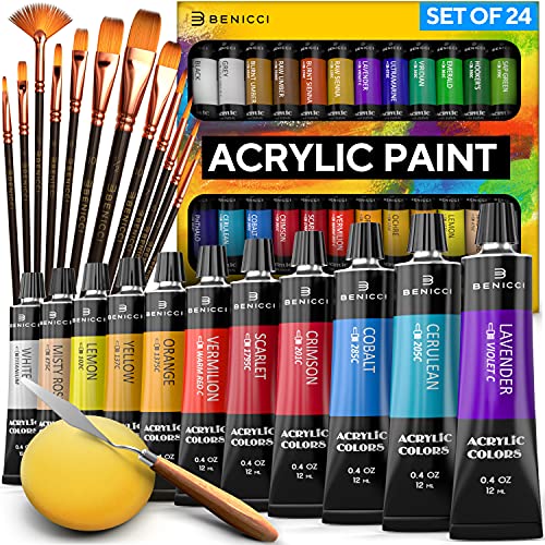 Complete Acrylic Paint Set – 24х Rich Pigment Colors – 12x Art Brushes with Bonus Paint Art Knife & Sponge – for Painting Canvas, Clay, Ceramic & Crafts, Non-Toxic & Quick Dry – for Kids & Adults