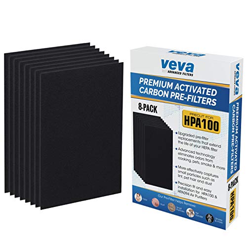 Precut for HPA100 Premium Carbon Activated Pre Filters 8 Pack compatible with HW Air Purifier Models 090, 094, 100, 104, 105, HA106. Precision Fit for Easy Installation by Veva Advanced Filters