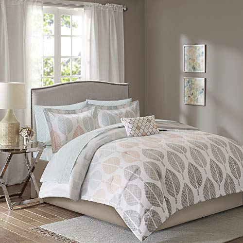 Madison Park Essentials Bed in a Bag Comforter, Vibrant Color Design All Season Down Alternative Cover with Complete Cotton Sheet Set, King(104″x92″), Central Park, Leaf Coral/Green