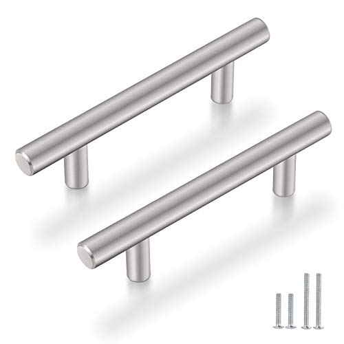 Probrico (10 Pack) Solid Stainless Steel Modern Euro Style Cabinet Pulls Dresser Drawer Handles Satin Nickel 3-3/4″ Hole Center T Bar Kitchen Cupboard Handles 6″ Overall Length Furniture Hardware