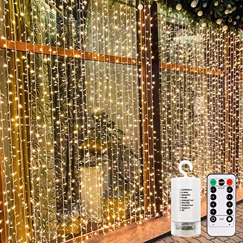 echosari 300 LED Curtain Lights Battery Operated, Hanging Lights w/Remote Timer, Outdoor Curtain Icicle Window Lights for Bedroom, Wedding Backdrops, Christmas, Party Decór (9.8ft×9.8ft, Warm White)