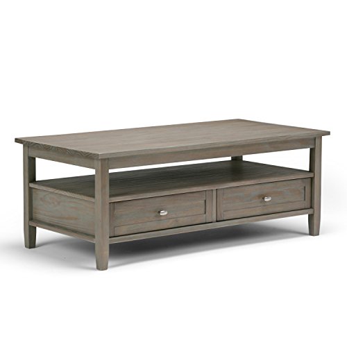 SIMPLIHOME Warm Shaker SOLID WOOD 48 inch Wide Rectangle Rustic Coffee Table in Distressed Grey , for the Living Room and Family Room