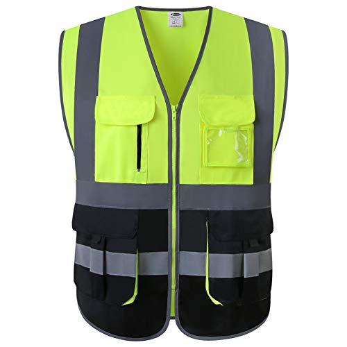 JKSafety 7 Pockets High Visibility Zipper Front Safety Vest With Reflective Strips.Meets ANSI/ISEA Standards(130-Yellow-Black M)