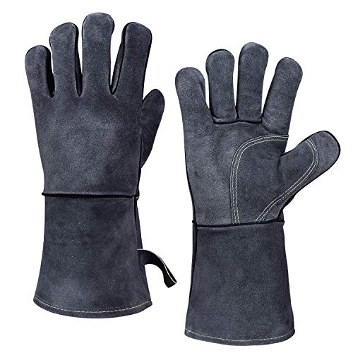OZERO 932°F Heat Resistant Forge Welding Gloves 14 inches Cowhide Leather – Long Sleeve and Insulated Lining Grill Glove for Tig Welder/Mig/Barbecue/Green Egg/Stove Gray