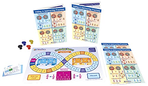 NewPath Learning 23-6948 Adding and Subtracting Fractions Learning Center Game (Grades 3-5) – Game Board, 30 Illustrated Game Cards and Four 4-Panel, Laminated “Write-On/Wipe-Off” Learning Guides