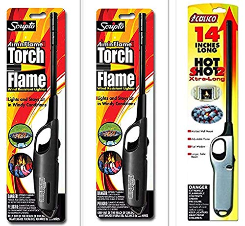 3 Pack Combo – 2 Pack Scripto Multi Purpose Wind Resistant Lighter (Assorted Color) + 1 Pack Calico Hot Shot 2 Xtra Long for Camping Grilling Home, Adjustable Flame