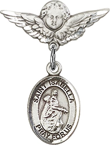 Sterling Silver Baby Badge Cherub Angel Pin with Saint Isabella of Portugal Charm, 3/4 Inch