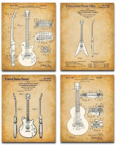 Wall Decor Guitar Patent Art Picture – Set of 4 Photos – Vintage Guitar Decor, Music Room and Man Cave Display, Guitarist and Musician Gift, 8×10 Unframed Patent Art Print Posters