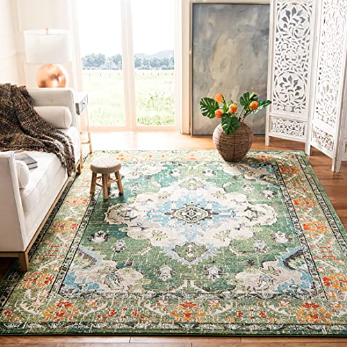 SAFAVIEH Monaco Collection 6’7″ x 9’2″ Forest Green/Light Blue MNC243F Boho Chic Medallion Distressed Non-Shedding Living Room Bedroom Dining Home Office Area Rug