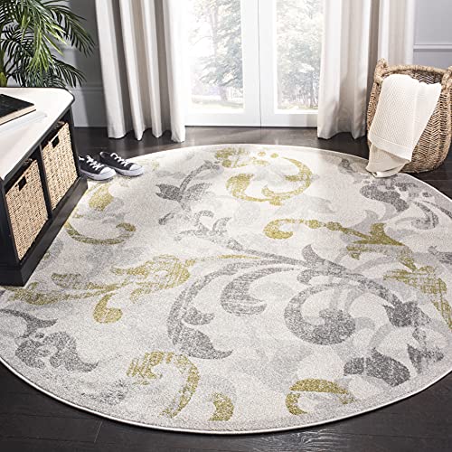 SAFAVIEH Amherst Collection 5′ Round Ivory / Light Grey AMT428E Floral Scroll Non-Shedding Dining Room Entryway Foyer Living Room Bedroom Area Rug