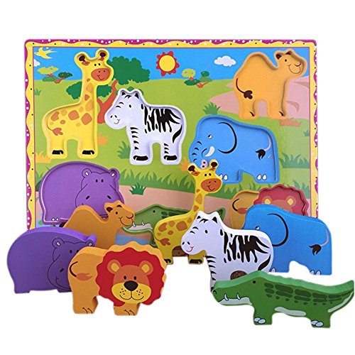 Lewo Wooden Wild Animals Chunky Puzzle for Toddlers Preschool Learning Educational Toys 7 Pcs (Wild Animal)