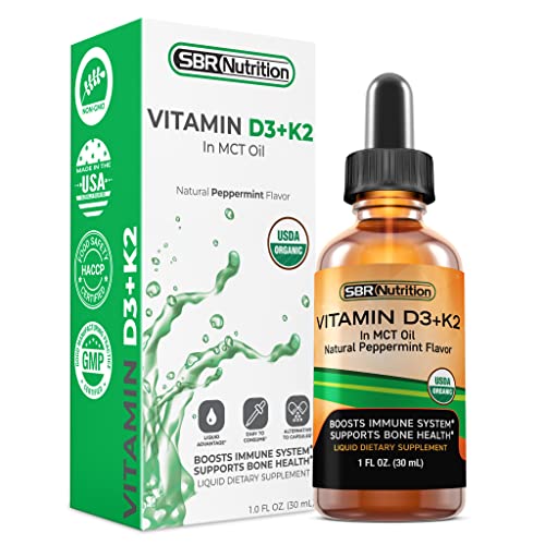 SBR Nutrition Vitamin D3 + K2 (MK-7) Liquid Drops in MCT Oil, Peppermint Flavor, Helps Support Strong Bones and Healthy Heart, USDA Organic, 1 fl. oz.