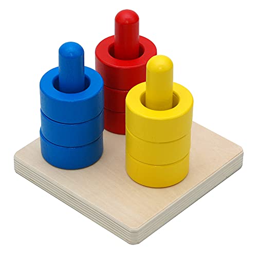 Elite Montessori 3 Wooden Colored Discs on Colored Dowels for 6+ Months, 1 Year Old Baby, Brain Development and Eye Hand Coordination Activities