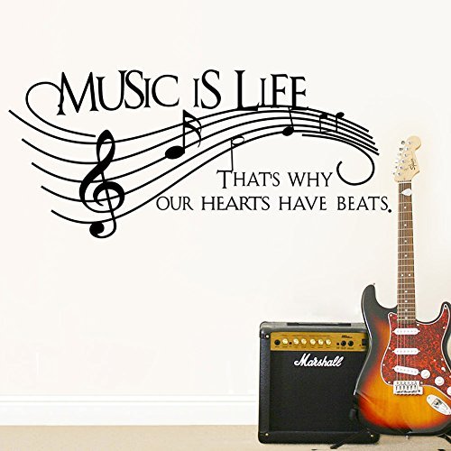 Home Find Musical Notes Wall Decals Music is Life That’s Why Our Hearts Have Beats Stickers for Kids Bedroom Music Room Dance Room Vinyl Art Decor House Decorations (Black 51.1 inches x 22 inches)